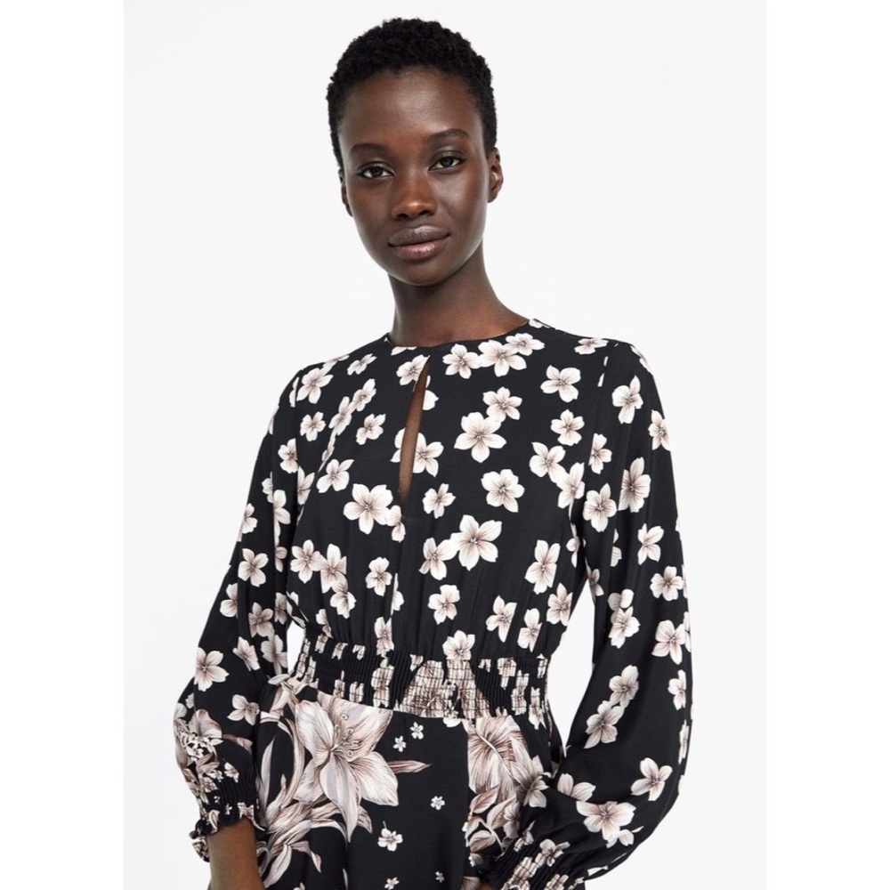 Zara - Black Floral Midi Dress - Large